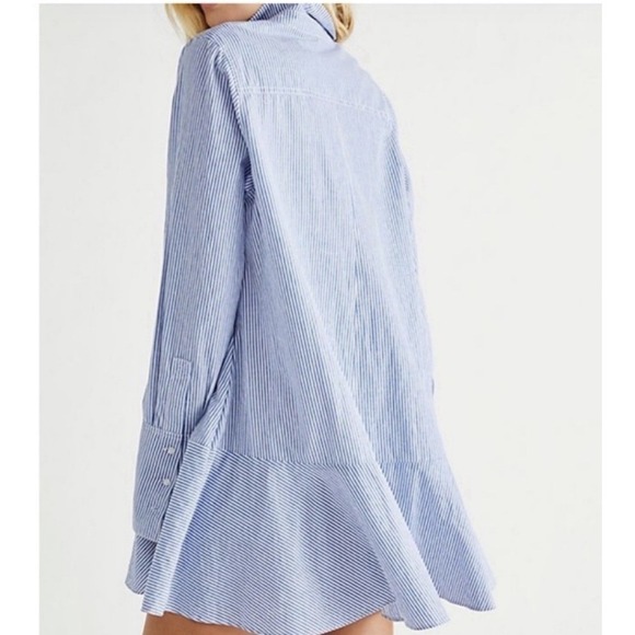 Free People All For You Striped Shirt Dress Blue Size Large Tunic Preppy Cotton - Picture 2 of 11